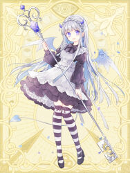 Rule 34 | 1girl, :d, black bow, black dress, black footwear, black thighhighs, blue eyes, blue horns, bow, braid, chain paradox, dress, earrings, esila eve, grey hair, highres, holding, holding key, horns, jewelry, key, long hair, long sleeves, natsu nts, open mouth, oversized object, puffy long sleeves, puffy sleeves, smile, solo, standing, striped clothes, striped thighhighs, thighhighs, white hair, wings, yellow background