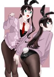 Rule 34 | 1girl, alternate costume, animal ears, ass, black hair, black leotard, black pantyhose, blue eyes, border, cardigan, closed mouth, cowboy shot, detached collar, fake animal ears, fake tail, from behind, glasses, green eyes, highres, kantai collection, leotard, long hair, long sleeves, looking at viewer, multiple views, necktie, ojipon, ooyodo (kancolle), open mouth, pantyhose, pink background, pink cardigan, playboy bunny, rabbit ears, rabbit tail, red necktie, tail, white border