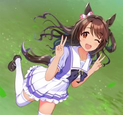 Rule 34 | 1girl, ;d, alternate costume, animal ears, blouse, blush, bow, brown eyes, brown hair, double v, grass, green background, hair bow, horse ears, horse girl, horse tail, idolmaster, idolmaster cinderella girls, kemonomimi mode, leg up, loafers, long hair, looking at viewer, natsuya (natuya777), one eye closed, one side up, open mouth, pleated skirt, purple shirt, sailor collar, school uniform, shimamura uzuki, shirt, shoes, short sleeves, skirt, smile, solo, sparkle, striped clothes, striped thighhighs, tail, thighhighs, tracen school uniform, umamusume, v, white skirt, white thighhighs