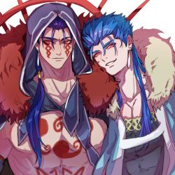 Rule 34 | 2boys, angry, blue hair, bodypaint, cape, closed mouth, cu chulainn (caster) (fate), cu chulainn (fate), cu chulainn (fate) (all), cu chulainn (fate/stay night), cu chulainn alter (fate), cu chulainn alter (fate/grand order), dark blue hair, dark persona, earrings, facepaint, fate/grand order, fate (series), fur-trimmed cape, fur-trimmed hood, fur trim, grin, highres, hood, hood down, hood up, jewelry, lancer, male focus, multiple boys, multiple persona, muscular, muscular male, nova (novalis4929), pectorals, ponytail, red eyes, slit pupils, smile, spiked hair, spikes, topless male