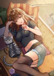 Rule 34 | 1girl, absurdres, baozha gangbi, belt, black shirt, breasts, brown eyes, brown hair, brown thighhighs, crop top, denim, denim shorts, garter straps, groin, hand up, highres, impossible clothes, impossible shirt, long hair, looking at viewer, lying, medium breasts, midriff, navel, on back, original, parted lips, shirt, short shorts, shorts, smile, solo, stomach, thighhighs, thighs