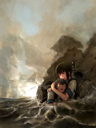 Rule 34 | 10s, absurdres, brown hair, cloud, cloudy sky, damaged, fubuki (kancolle), highres, holding, isonami (kancolle), kantai collection, lordlessv2, ocean, partially submerged, short hair, sky, tears, turret, waves