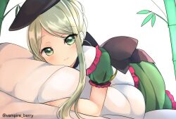 Rule 34 | bamboo, black headwear, black ribbon, closed mouth, collared dress, commentary request, dress, dress ribbon, eyes visible through hair, green dress, green eyes, green hair, hat, highres, looking at viewer, on bed, one-hour drawing challenge, ougi hina, puffy short sleeves, puffy sleeves, ribbon, short hair with long locks, short sleeves, simple background, smile, teireida mai, touhou, white background