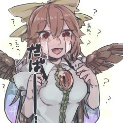 Rule 34 | 1girl, :d, ?, bird wings, bow, brown hair, brown wings, cape, crying, crying with eyes open, hair bow, long hair, open mouth, red eyes, reiuji utsuho, short sleeves, slit pupils, smile, snot, solo, streaming tears, tears, third eye, touhou, wings, yoshii tachiko