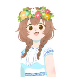 Rule 34 | 1girl, :3, :d, animal ears, braid, brown hair, dog ears, dog girl, dress, flower, head wreath, hololive, inugami korone, inugami korone (1st costume), looking at viewer, midsommar, open mouth, pink flower, red flower, short hair, simple background, smile, solo, timame m, twin braids, upper body, virtual youtuber, white background, white dress, yellow flower