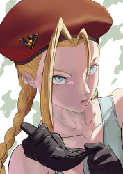 Rule 34 | 1girl, absurdres, bare shoulders, beret, black gloves, blonde hair, blue eyes, braid, cammy white, capcom, closed mouth, collarbone, eyes visible through hair, glove pull, gloves, hat, highres, light blue eyes, long hair, looking at viewer, pink lips, red hat, solo, street fighter, twintails, upper body, urewe fubu