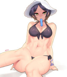 Rule 34 | 10s, 1girl, armband, arms at sides, artist name, bare arms, bare legs, bare shoulders, bikini, black bikini, black hair, black ribbon, breasts, cleavage, collarbone, earrings, eyebrows, food, front-tie bikini top, front-tie top, hat, hayami kanade, highres, idolmaster, idolmaster cinderella girls, jewelry, jjune, looking at viewer, medium breasts, mouth hold, navel, parted bangs, popsicle, ribbon, shiny skin, short hair, side-tie bikini bottom, simple background, sitting, solo, stomach, sun hat, swimsuit, white background, white hat, yellow eyes