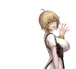 Rule 34 | 1girl, ahoge, bell, blonde hair, blood, blush, breasts, brown eyes, cafe no zombi-ko, cafe no zombi-ko (3rd costume), chinese commentary, commentary request, green eyes, gun, hair between eyes, heterochromia, highres, holstered, indie virtual youtuber, large breasts, long sleeves, looking at viewer, looking to the side, open mouth, shirt, short hair, simple background, smile, solo, torn clothes, upper body, virtual youtuber, weapon, white background, white shirt, yeklsa