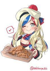 Rule 34 | 1girl, anchor hair ornament, beret, blonde hair, blue hair, commandant teste (kancolle), croissant, ebifurya, food, grey eyes, hair ornament, hat, highres, kantai collection, long hair, looking at viewer, multicolored clothes, multicolored hair, multicolored scarf, musical note, one eye closed, plaid, plaid scarf, pom pom (clothes), red hair, scarf, simple background, smile, solo, spoken musical note, streaked hair, swept bangs, tray, twitter username, upper body, wavy hair, white background, white hair