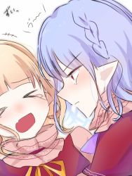 Rule 34 | &gt; &lt;, 2girls, blonde hair, blush, bow, capelet, closed eyes, closed mouth, eringi (rmrafrn), fang, flandre scarlet, grey background, multiple girls, neck ribbon, open mouth, pointy ears, profile, purple bow, purple hair, red capelet, red eyes, remilia scarlet, ribbon, siblings, simple background, sisters, teardrop, touhou, translation request, yellow ribbon