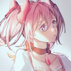 Rule 34 | 1girl, artist name, blush, breasts, choker, close-up, closed mouth, collarbone, expressionless, eyelashes, facing viewer, frills, grey background, hair between eyes, hair ribbon, highres, kaname madoka, light blush, light particles, lips, looking afar, mahou shoujo madoka magica, mahou shoujo madoka magica (anime), mikou (mikou minnow), nose blush, pink eyes, pink hair, pink ribbon, puffy sleeves, pursed lips, red choker, red ribbon, ribbon, ribbon choker, shaded face, short twintails, sidelighting, simple background, small breasts, solo, soul gem, tareme, twintails, upper body