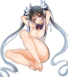 Rule 34 | 10s, 1girl, arms behind head, arms up, bad id, bad pixiv id, barefoot, black hair, blue eyes, breasts, cleavage, dress, dungeon ni deai wo motomeru no wa machigatteiru darou ka, feet, female focus, full body, grin, hair ribbon, hestia (danmachi), highres, hohehohe, large breasts, long hair, looking at viewer, rei no himo, ribbon, simple background, sitting, smile, solo, teeth, toes, twintails, very long hair, white background, white dress