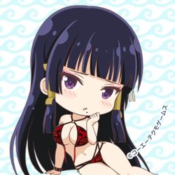 Rule 34 | 1girl, bikini, bikini top only, black hair, blunt bangs, blush, breasts, chibi, cleavage, dead or alive, dead or alive xtreme venus vacation, eyeshadow, front-tie bikini top, front-tie top, hime cut, large breasts, long hair, looking at viewer, lowres, makeup, mole, mole under mouth, navel, nyotengu, o-ring bikini top, official art, patterned background, purple eyes, purple hair, swimsuit, tecmo, untied bikini, untied bikini top, wave print