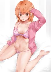 Rule 34 | 1girl, :p, barefoot, bow, bow bra, bra, breasts, brown eyes, cardigan, collarbone, hand to head, highres, isshiki iroha, long hair, long sleeves, looking at viewer, medium breasts, navel, open cardigan, open clothes, orange hair, panties, pink bra, pink cardigan, pink panties, ricca, sitting, solo, string panties, striped, striped background, tongue, tongue out, underwear, wariza, yahari ore no seishun lovecome wa machigatteiru.