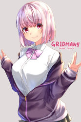 Rule 34 | 10s, 1girl, black skirt, bow, bowtie, breasts, character name, closed mouth, collared shirt, commentary request, copyright name, grey background, gridman universe, hands up, highres, jacket, lipstick, long sleeves, looking at viewer, makeup, medium breasts, miniskirt, off shoulder, open clothes, open jacket, partially unzipped, pink eyes, pink hair, pink lips, pleated skirt, purple bow, purple bowtie, purple jacket, rukinya (nyanko mogumogu), shinjou akane, shirt, short hair, simple background, skirt, sleeves past wrists, solo, ssss.gridman, upper body, white shirt