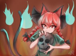 Rule 34 | 1girl, animal ears, braid, brown background, cat ears, cat girl, cat tail, commentary, highres, holding, holding skull, kaenbyou rin, looking at viewer, maref, medium hair, multiple tails, red hair, red nails, short sleeves, side braids, signature, skull, solo, tail, touhou, twin braids, two tails, upper body