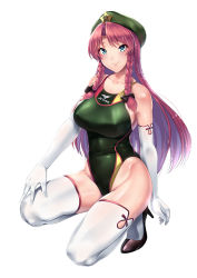 Rule 34 | 1girl, beret, black footwear, blue eyes, braid, breasts, competition swimsuit, elbow gloves, full body, gloves, green hat, green one-piece swimsuit, hassen (8cm), hat, high heels, hong meiling, kneeling, large breasts, long hair, looking at viewer, one-piece swimsuit, red hair, side braid, simple background, solo, star (symbol), swimsuit, thighhighs, touhou, twin braids, white background, white gloves, white thighhighs