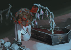 Rule 34 | 1girl, absurdres, blonde hair, blood, blood on face, blood on hands, coffin, collarbone, fangs, flandre scarlet, full body, hat, hat ribbon, highres, legs up, liyou-ryon, looking to the side, mary janes, mob cap, open mouth, panties, red eyes, ribbon, shoes, side ponytail, sitting, skull, slit pupils, solo, thighhighs, topless, touhou, underwear, vampire, white panties, white thighhighs, wings