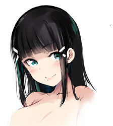 Rule 34 | 1girl, black hair, blunt bangs, blush, closed mouth, collarbone, commentary request, cropped torso, gengoroh, green eyes, hair ornament, kurosawa dia, long hair, looking at viewer, love live!, love live! sunshine!!, simple background, smile, solo, white background