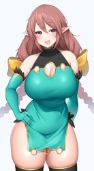 Rule 34 | 1girl, absurdres, bare shoulders, black thighhighs, blush, braid, breasts, brown hair, cleavage, cleavage cutout, clothing cutout, cowboy shot, dress, elbow gloves, elf, gloves, green dress, green gloves, hair between eyes, hand on own hip, highres, large breasts, long hair, open mouth, original, pointy ears, purple eyes, simple background, smile, solo, suruga (xsurugax), thick thighs, thighhighs, thighs, twin braids, white background