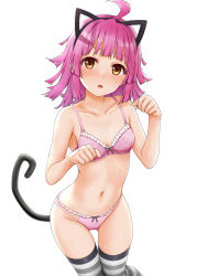 Rule 34 | 1girl, absurdres, ahoge, animal ears, bare arms, bare shoulders, blush, bow, bow bra, bow panties, bra, breasts, brown eyes, cat ears, cat tail, collarbone, fake animal ears, feet out of frame, frilled bra, frilled panties, frills, groin, hands up, highres, long hair, looking at viewer, love live!, love live! nijigasaki high school idol club, miel (lessontome), navel, nose blush, panties, parted lips, paw pose, pink bra, pink hair, pink panties, simple background, small breasts, solo, striped clothes, striped thighhighs, sweat, tail, tennoji rina, thigh gap, thighhighs, underwear, underwear only, white background
