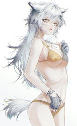 Rule 34 | 1girl, aiv, animal ears, arknights, bikini, breasts, cleavage, commentary, cowboy shot, floral print, green eyes, grey hair, highres, lappland (arknights), long hair, looking at viewer, medium breasts, navel, open mouth, print bikini, solo, stomach, strap lift, swimsuit, tail, two-tone bikini, underboob, very long hair, wolf ears, wolf girl, wolf tail