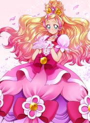 Rule 34 | 1girl, absurdres, bad id, bad pixiv id, blonde hair, blue eyes, blush, bow, choker, cure flora, cure flora (mode elegant), dress, dress bow, earrings, eyelashes, flower, flower earrings, frilled dress, frills, gloves, go! princess precure, gradient background, gradient hair, hair ornament, half updo, happy, haruno haruka, highres, jewelry, long hair, looking at viewer, magical girl, mode elegant (go! princess precure), multicolored hair, petals, pink background, pink dress, pink hair, pink ribbon, pink theme, precure, puffy sleeves, ribbon, sharumon, smile, solo, streaked hair, tiara, two-tone hair, waist bow, white background, white gloves