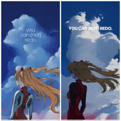 Rule 34 | 1girl, alternate costume, artist request, back, blue sky, bodysuit, brown hair, cloud, cloudy sky, curvy, evangelion: 3.0 you can (not) redo, floating hair, highres, interface headset, long hair, multiple views, neon genesis evangelion, outdoors, plugsuit, rebuild of evangelion, red bodysuit, shiny clothes, simple background, sky, solo, souryuu asuka langley, twintails, two side up, wide hips