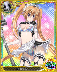 Rule 34 | 1girl, ahoge, blush, bow, bowtie, bra, breasts, brown hair, card (medium), chess piece, cleavage, clothes lift, elbow gloves, eyes visible through hair, frilled skirt, frills, gloves, hair between eyes, high school dxd, holding, long hair, maid, maid headdress, midriff, navel, official art, open mouth, panties, purple eyes, rook (chess), shidou irina, simple background, skirt, skirt lift, solo, stomach, striped bra, striped clothes, striped panties, thighhighs, torn clothes, twintails, underwear, vacuum cleaner