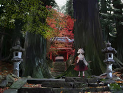 Rule 34 | 1girl, female focus, forest, geta, hat, inubashiri momiji, light, nature, red hat, scenery, shrine, sky, smile, solo, stone lantern, sword, takanashi akihito, temple, tengu-geta, touhou, tree, weapon