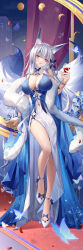 Rule 34 | 1girl, absurdres, animal ear fluff, animal ears, azur lane, blue butterfly, blue collar, blue dress, blue eyes, blue flower, breasts, bug, butterfly, butterfly on hand, cleavage, collar, covered navel, cup, cupping glass, curtains, dakimakura (medium), dress, drinking glass, evening gown, feather boa, flower, fox ears, full body, halter dress, halterneck, highres, holding, holding cup, insect, kitsune, large breasts, large tail, leg up, looking at viewer, maoao, moon phases, multiple tails, official alternate costume, red carpet, shinano (azur lane), shinano (dreams of the hazy moon) (azur lane), shoes, standing, standing on one leg, tail, two-tone dress, white dress, white footwear, white tail, wine glass, wrist flower