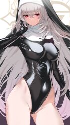 Rule 34 | black leotard, blue archive, breasts, collar, contrapposto, covered navel, crossed bangs, ev (dai00888), grey hair, hair between eyes, halo, hand on own cheek, hand on own face, highleg, highleg leotard, highres, large breasts, leotard, long hair, looking at viewer, mechanical halo, messy hair, nun, red eyes, sakurako (blue archive), skin tight, smile, thighs, upper body, very long hair, white collar