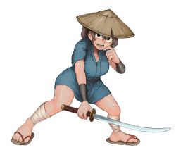 Rule 34 | 1girl, absurdres, black eyes, blush, breasts, brown hair, chanta (ayatakaoisii), cleavage, full body, hand up, hat, highres, holding, holding sword, holding weapon, medium breasts, open mouth, original, rice hat, sandals, simple background, solo, standing, sword, weapon, white background