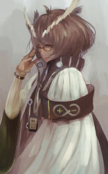 Rule 34 | 1girl, adjusting eyewear, arknights, armband, brown hair, buttons, cloak, feather hair, feathers, glasses, graffitigw, grey background, hand on eyewear, high collar, highres, lanyard, lips, long sleeves, looking at another, rhine lab logo, semi-rimless eyewear, serious, silence (arknights), solo focus, wristband, yellow eyes