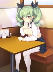 Rule 34 | 10s, 1girl, anchovy (girls und panzer), anzio school uniform, blue skirt, blush, breasts, clothes lift, collared shirt, drill hair, exhibitionism, frown, girls und panzer, green hair, hair between eyes, hair ribbon, highres, icomochi, long hair, long sleeves, looking at viewer, medium breasts, necktie, nipples, no bra, pantyhose, pleated skirt, public indecency, red eyes, restaurant, ribbon, school uniform, shirt, shirt lift, sitting, skirt, solo, steaming body, sweatdrop, table, tears, twin drills, white pantyhose, white shirt