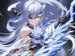 Rule 34 | 1girl, bare shoulders, black blindfold, black gloves, blindfold, blue sleeves, breasts, closed mouth, commentary, crystal sword, detached sleeves, expressionless, flower, gloves, grey hair, high ponytail, highres, holding, holding sword, holding weapon, honkai: star rail, honkai (series), i a n, ice shard, jingliu (honkai: star rail), long hair, looking at viewer, lotus, medium breasts, one eye covered, red eyes, sideboob, solo, sword, torn blindfold, upper body, weapon, white flower
