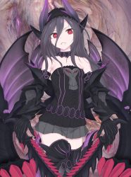 Rule 34 | 1girl, bare shoulders, black eclipse dragon princess, black hair, black thighhighs, choker, claws, commentary request, dragon girl, dragon horns, dragon wings, dual wielding, flat chest, gauntlets, gore magala, grin, hairband, highres, holding, holding sword, holding weapon, horns, lolita hairband, long hair, looking at viewer, maid headdress, makabe gorou, monster hunter, monster hunter (series), monster hunter 4, original, pleated skirt, red eyes, skirt, smile, solo, sword, thighhighs, weapon, wings