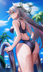 Rule 34 | 1girl, absurdres, animal ears, ass, blue archive, blue eyes, blush, breasts, choker, climbing ladder, commentary request, competition swimsuit, dark halo, day, from behind, grey hair, halo, highres, li se, long hair, looking at viewer, medium breasts, one-piece swimsuit, outdoors, pool ladder, poolside, shiroko (blue archive), shiroko (swimsuit) (blue archive), shiroko terror (blue archive), solo, sun, swimsuit, wet, wolf ears