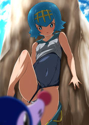 Rule 34 | 1girl, bad id, bad pixiv id, blouse, blue eyes, blue hair, blue panties, blurry, breasts, bright pupils, clothes pull, clothing aside, convenient censoring, covered navel, creatures (company), day, depth of field, female pubic hair, game freak, gen 7 pokemon, lana (pokemon), nintendo, one-piece swimsuit, one-piece swimsuit pull, outdoors, panties, panties aside, pokemon, pokemon (creature), pokemon sm, popplio, pubic hair, pulling own clothes, shirt, short hair, sleeveless, sleeveless shirt, small breasts, solo focus, standing, standing on one leg, swimsuit, swimsuit aside, swimsuit under clothes, trial captain, underwear