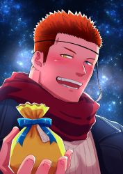 Rule 34 | 1boy, alternate costume, bara, blue eyes, blush, fle0423, heterochromia, highres, incoming gift, looking at viewer, male focus, pollux (housamo), red hair, red scarf, scarf, short hair, sideburns, smile, solo, star (symbol), starry background, tokyo houkago summoners, upper body, yellow eyes