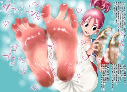 Rule 34 | 1girl, barefoot, black eyes, dirty, dirty feet, dragon quest, dragon quest iii, earrings, feet, foot focus, highres, holding, holding shoes, japanese text, jewelry, koukou panchi, long hair, merchant (dq3), parted lips, pink hair, pov, shoes, unworn shoes, smell, soles, solo, square enix, steam, toes, translation request