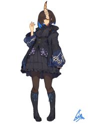 Rule 34 | 1girl, black dress, black footwear, black jacket, black pantyhose, blue hair, blue nails, boots, breasts, brown hair, closed mouth, colored inner hair, dress, frilled dress, frills, full body, hand up, highres, horns, jacket, knee boots, lansane, legs apart, long sleeves, looking at viewer, medium breasts, multicolored hair, nail polish, open clothes, open jacket, orange eyes, original, pantyhose, short hair, sidelocks, signature, simple background, single horn, smile, solo, standing, two-tone hair, underbust, white background