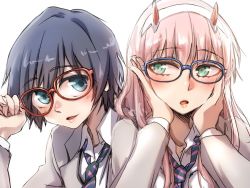 Rule 34 | 10s, 1boy, 1girl, adjusting eyewear, black hair, blue eyes, blush, commentary request, couple, darling in the franxx, glasses, green eyes, grey jacket, hair ornament, hairband, hand on eyewear, hands on own face, herozu (xxhrd), hiro (darling in the franxx), horns, jacket, long hair, long sleeves, oni horns, open clothes, open jacket, pink hair, red horns, short hair, striped neckwear, white hairband, zero two (darling in the franxx)