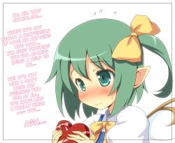 Rule 34 | 1girl, aqua eyes, blush, bow, daiyousei, face, female focus, green hair, hair bow, hard-translated, heart, pointy ears, revision, short hair, shy, side ponytail, simple background, solo, third-party edit, touhou, translated, valentine, wings, yamasan