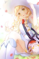 Rule 34 | 1girl, :o, artist name, bag, bare shoulders, blonde hair, blush, boots, braid, commentary request, creatures (company), dress, game freak, gen 7 pokemon, green eyes, hand on headwear, hikaster, lillie (pokemon), long hair, looking at viewer, nintendo, open mouth, petals, pokemon, pokemon (creature), pokemon sm, sitting, togedemaru, twin braids, white dress, white footwear