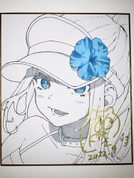 Rule 34 | 1girl, blue eyes, blue flower, blue theme, dated, flower, hair flower, hair ornament, hat, highres, looking at viewer, marker (medium), mashiro kta, open mouth, original, photo (medium), ponytail, shadow, simple background, smile, solo, traditional media, white background