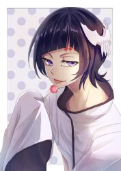 Rule 34 | 1boy, absurdres, black hair, bleach, border, candy, commentary request, eyelashes, food, grey background, high collar, highres, holding, holding candy, holding food, holding lollipop, jitome, lollipop, long hair, luppi antenor, nose, polka dot, polka dot background, purple eyes, shirt, short hair, simple background, sleeves past fingers, sleeves past wrists, solo, sumire 1046, tongue, tongue out, upper body, white border, white shirt, wide sleeves