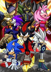 Rule 34 | 3girls, 5boys, amy rose, armor, black hood, chaos shadow, exe slayer (sonic.exe), fingerless gloves, gloves, green eyes, highres, im lazy sheck lol, looking at viewer, mask, mr. needlemouse, multiple boys, multiple girls, open mouth, sarah henderson (needlemouse), shadow the hedgehog, silver the hedgehog, silver the hedgehog (sonic: execution), sonic: execution (comic), sonic (series), sonic boom (series), sonic the hedgehog, sonic the hedgehog (archie comics), teeth, the revenant (sonic: execution), white gloves, zonic the zone cop
