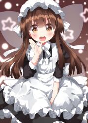 Rule 34 | 1girl, apron, brown eyes, brown hair, copyright request, dress, fairy, fairy wings, frilled dress, frilled skirt, frills, highres, knot, maid, maid apron, maid headdress, one-hour drawing challenge, open mouth, ruu (tksymkw), skirt, star (symbol), star sapphire, touhou, wings