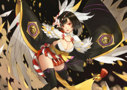 Rule 34 | 1girl, anmaki, black hair, black thighhighs, breasts, claws, cleavage, feathered wings, feathers, hair ornament, highres, itsumade (onmyoji), japanese clothes, large breasts, looking at viewer, monster girl, onmyoji, open mouth, red eyes, short hair, solo, thighhighs, wings